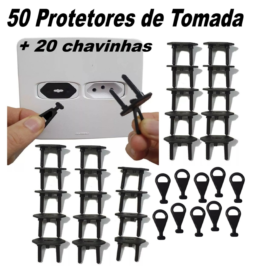Kit 50 Protetores de Tomada Preto Antichoque 20 Chaves