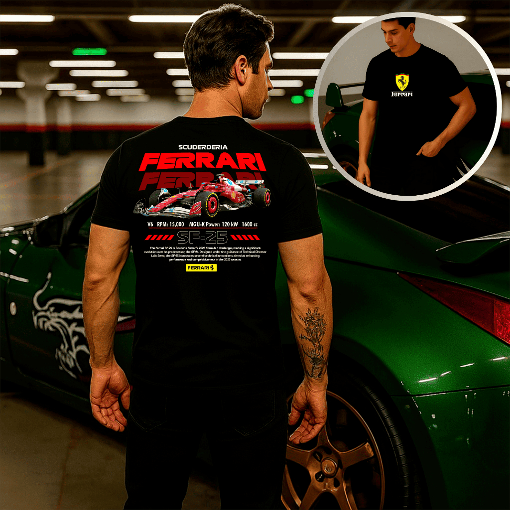 Camisa Ferrari Formula 1 SF-25 Carro Camiseta Streetwear Masculina 100% Algodão Premium Carros JDM