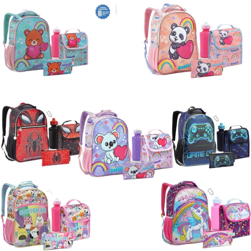 KIT ESCOLAR COM 5 PEÇAS FEMININO E MASCULINO INFANTIL COM GARRAFA