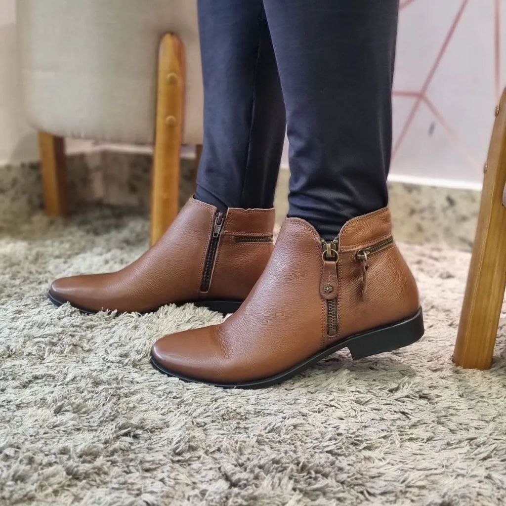 Bota Cano Baixo Perlatto Couro Original Conforto Casual