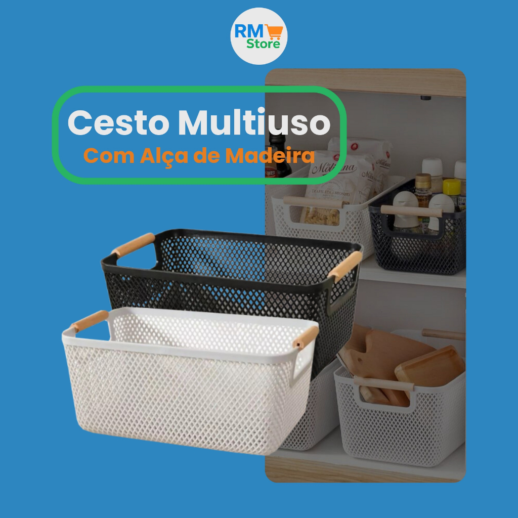 Cesto Organizador Plástico Multiuso com Alça de Madeira – Organização e Estilo para Casa!