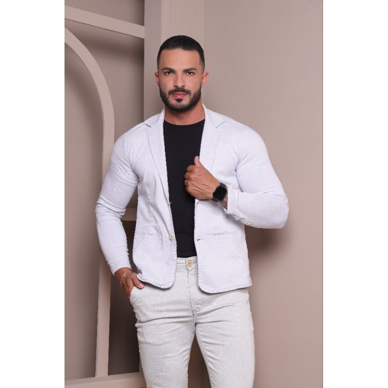 Blazer Masculino Alfaiataria Slim Corte Italiano Sarja Acetinado Branco Gelo