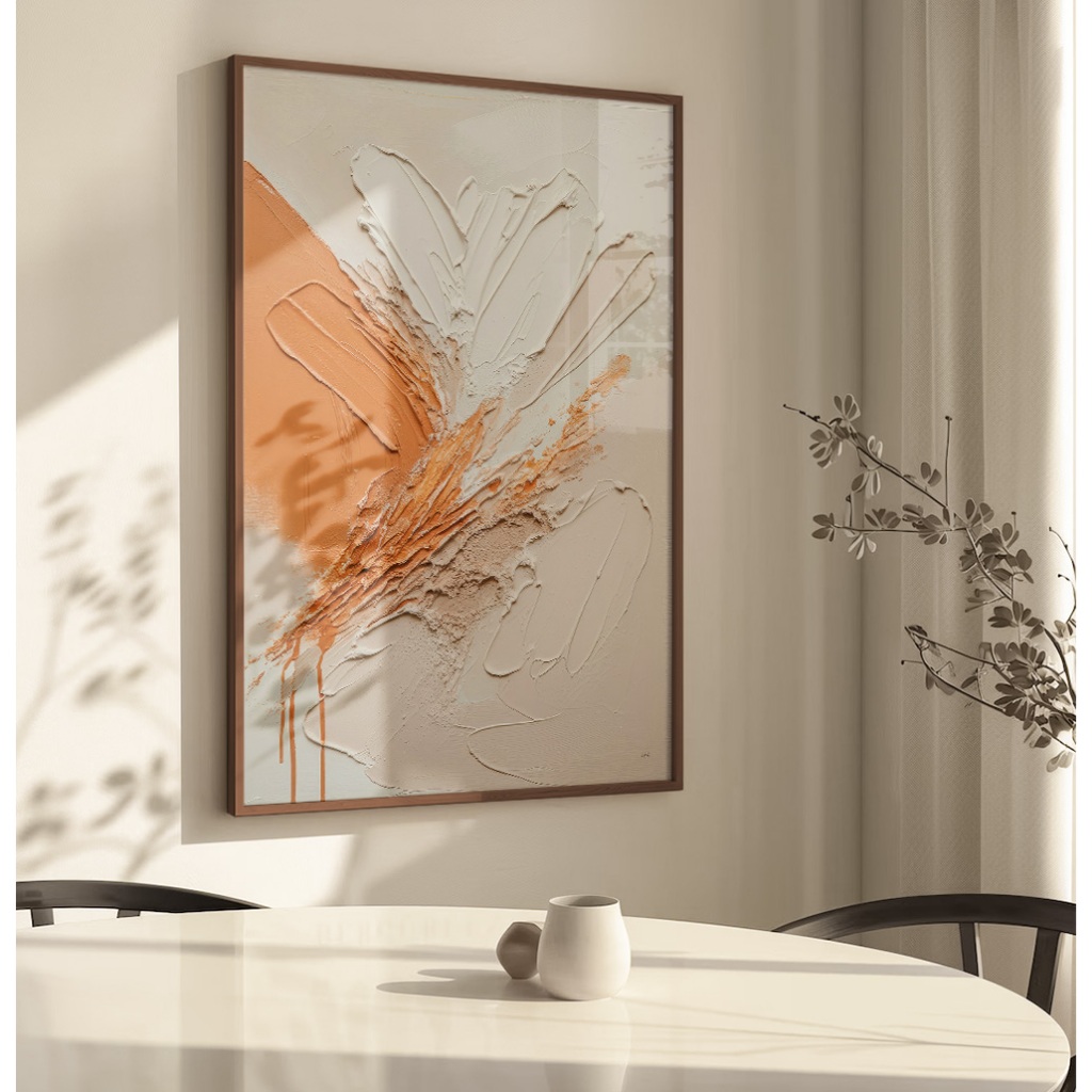 Quadro Moderno Abstrato Para Sala Quadro Decorativo Grande Com Moldura Textura Estilo Gesso Laranja