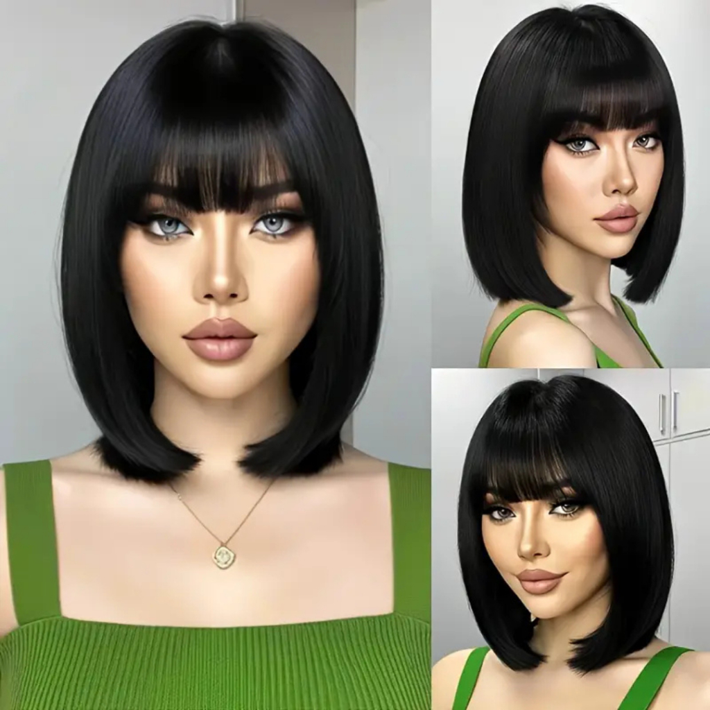 Peruca Wig Curta Com Franja 35cm Fibra Futura Super Natural