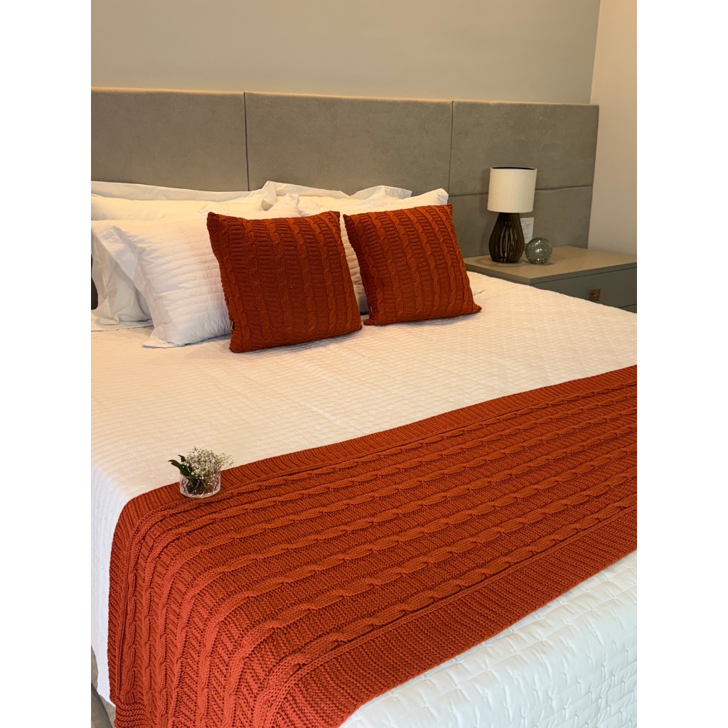 Kit Manta Peseira de Tricot + 2 Capas Almofada Para Cama e Sofá Casal Queen e King Decoraç...
