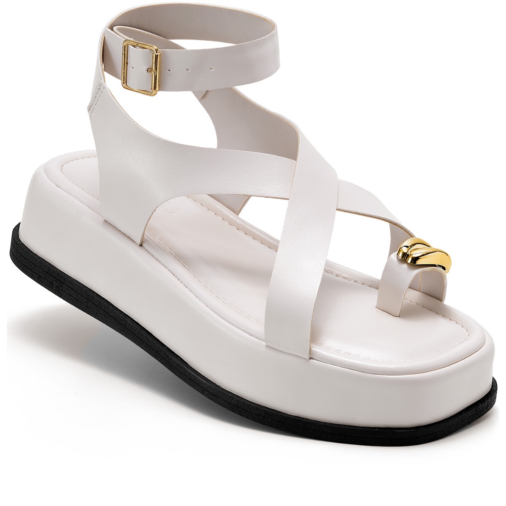 Sandália Feminina Lumiss Flatform Confortável Tiras Fivela Enfeite Metalizado Off White