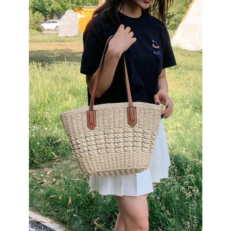 Bolsa De Praia Feminina Palha De Ombro Chique Detalhe Sofisticada Grande Mulher Verão
