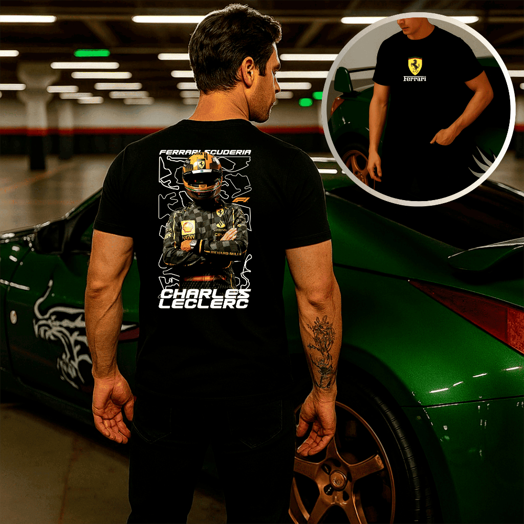 Camisa Leclerc Ferrari Formula 1 Carro Camiseta Streetwear Masculina 100% Algodão Premium Carros