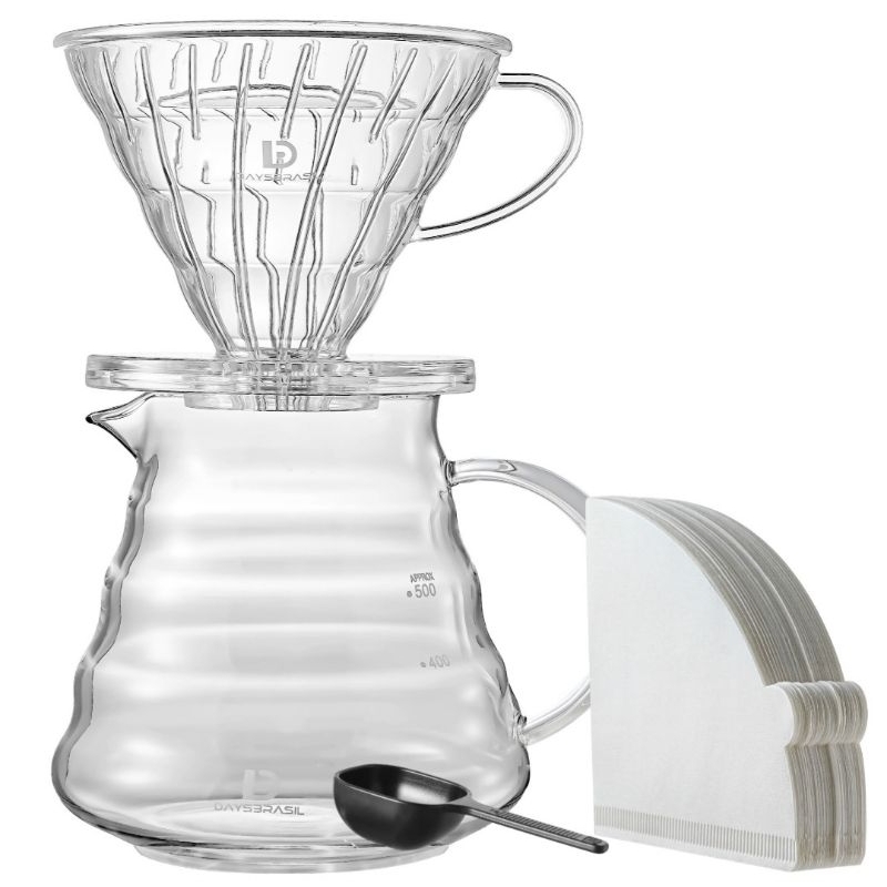 Kit Cafeteira Manual V60 02 - Jarra de Vidro + Tampa + Suporte FIltro + Colher Dosadora + 40 Filtros de Papel branco em Oferta na Shopee