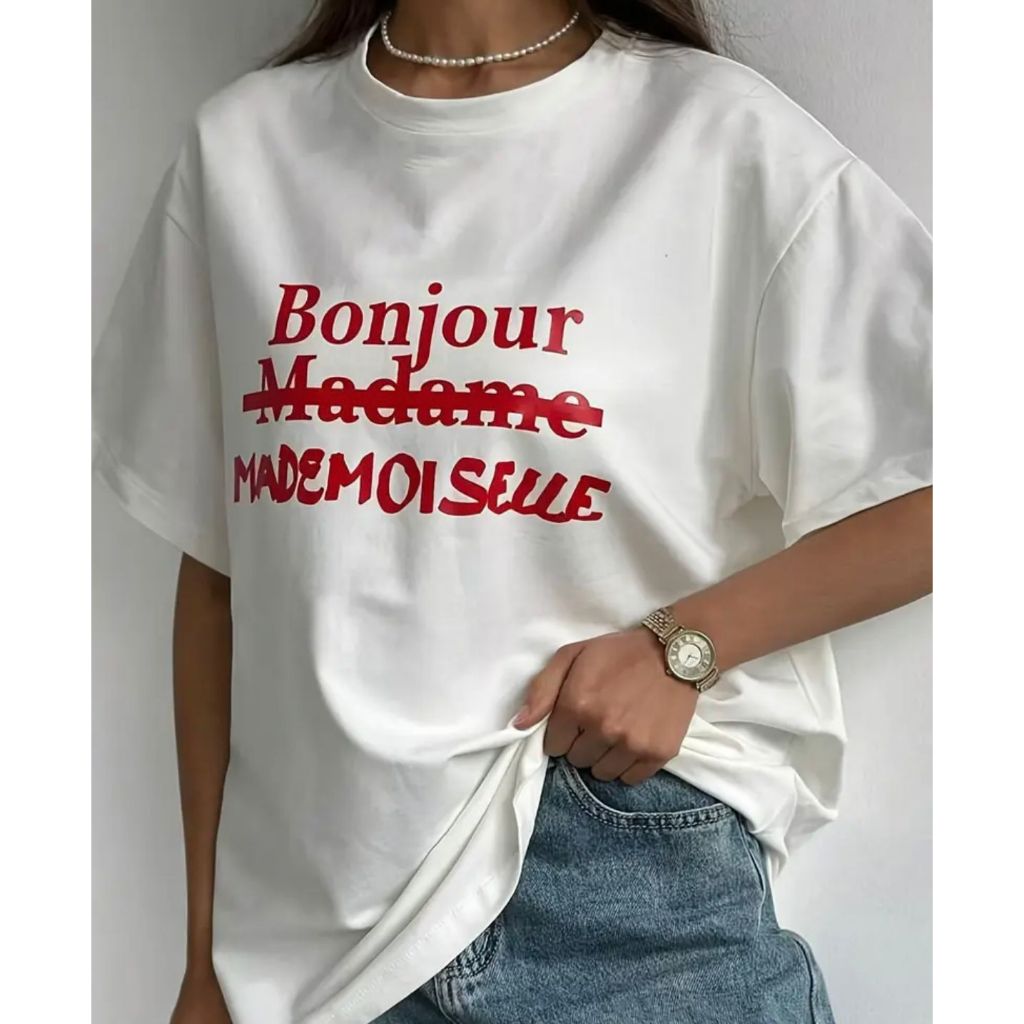 Camiseta Feminina Casual Bonjour Mademoiselle Algodão Verão