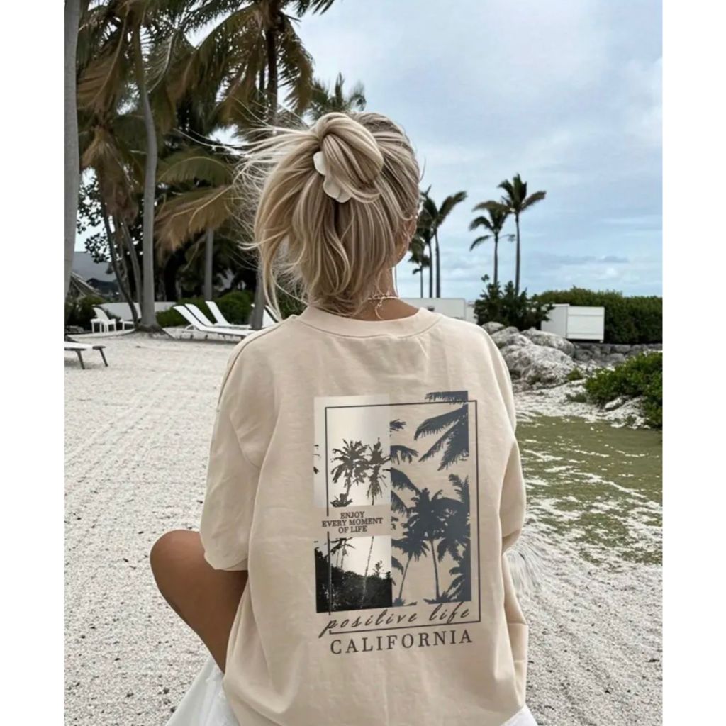 Camiseta Feminina Califórna Verão Praia 100% Algodão Casual