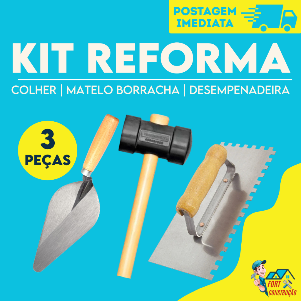 Kit Obra Construção | Colher de Pedreiro + Desempenadeira Dentada + Martelo de Borracha