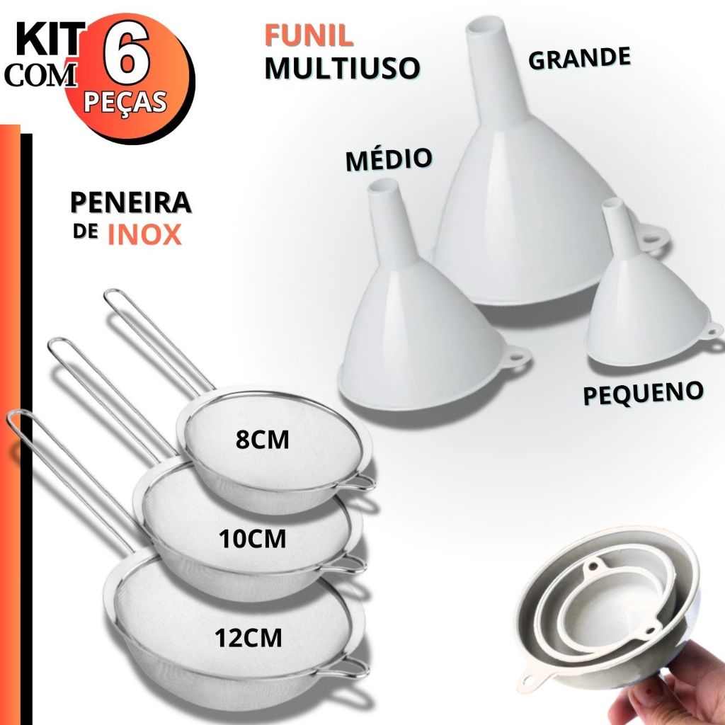 Peneira Coador INOX Funil Plástico Kit 6 Unid Oficina Artesanato Cozinha Funil Grande Médio Pequeno