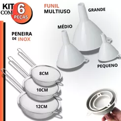 Peneira Coador INOX Funil Plástico Kit 6 Unid Oficina Artesanato Cozinha Funil Grande Médio Pequeno