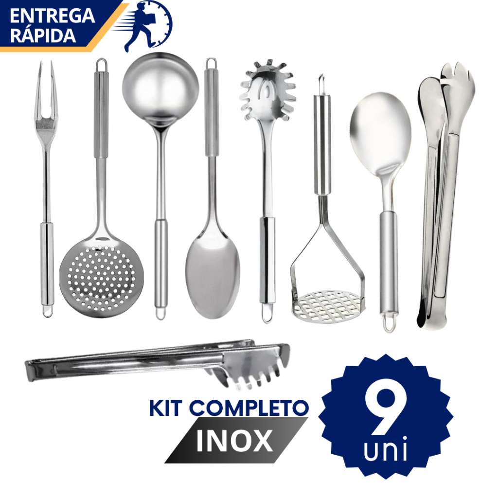 Kit Jogo de Utensílios de Cozinha Completo 9 pçs Inox Premium Escumadeira Concha Colher