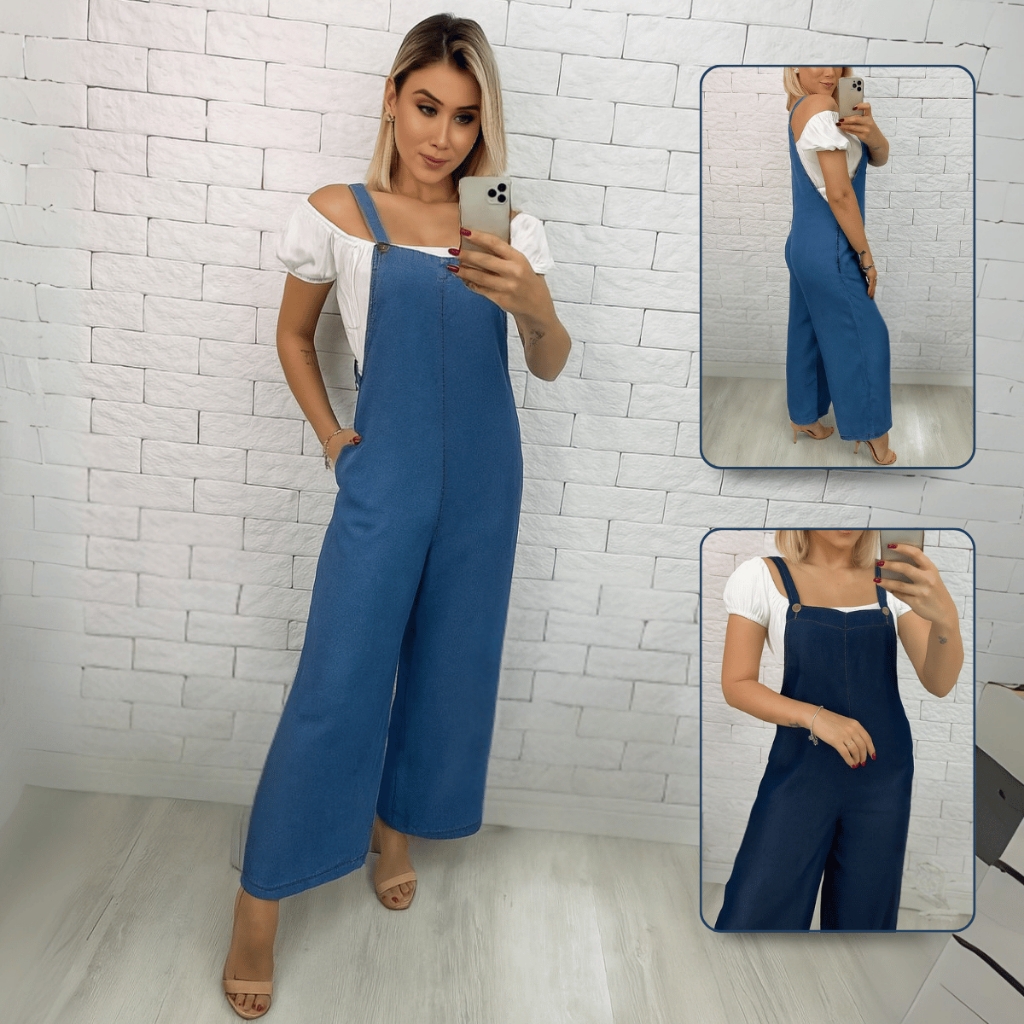 Macacão Jardineira Jeans Feminina Moda Casual Pantalona Alça Regulável Look Estiloso Conforto