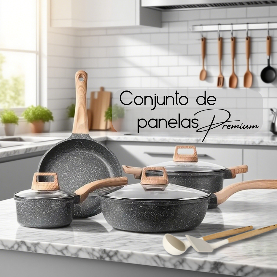 Imagem Jogo de Panelas 9 Peças Indução Gás Revestido em Cerâmica Granito Antiaderente Frigideira Caçarola