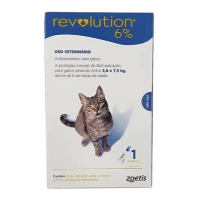 Revolution Gatos 6% 2,6 ate 7,5kg 0,75ml Antipulgas, Vermes, Sarnas, Piolhos, Proteje a ninhada, Carrapatos, Dermatite