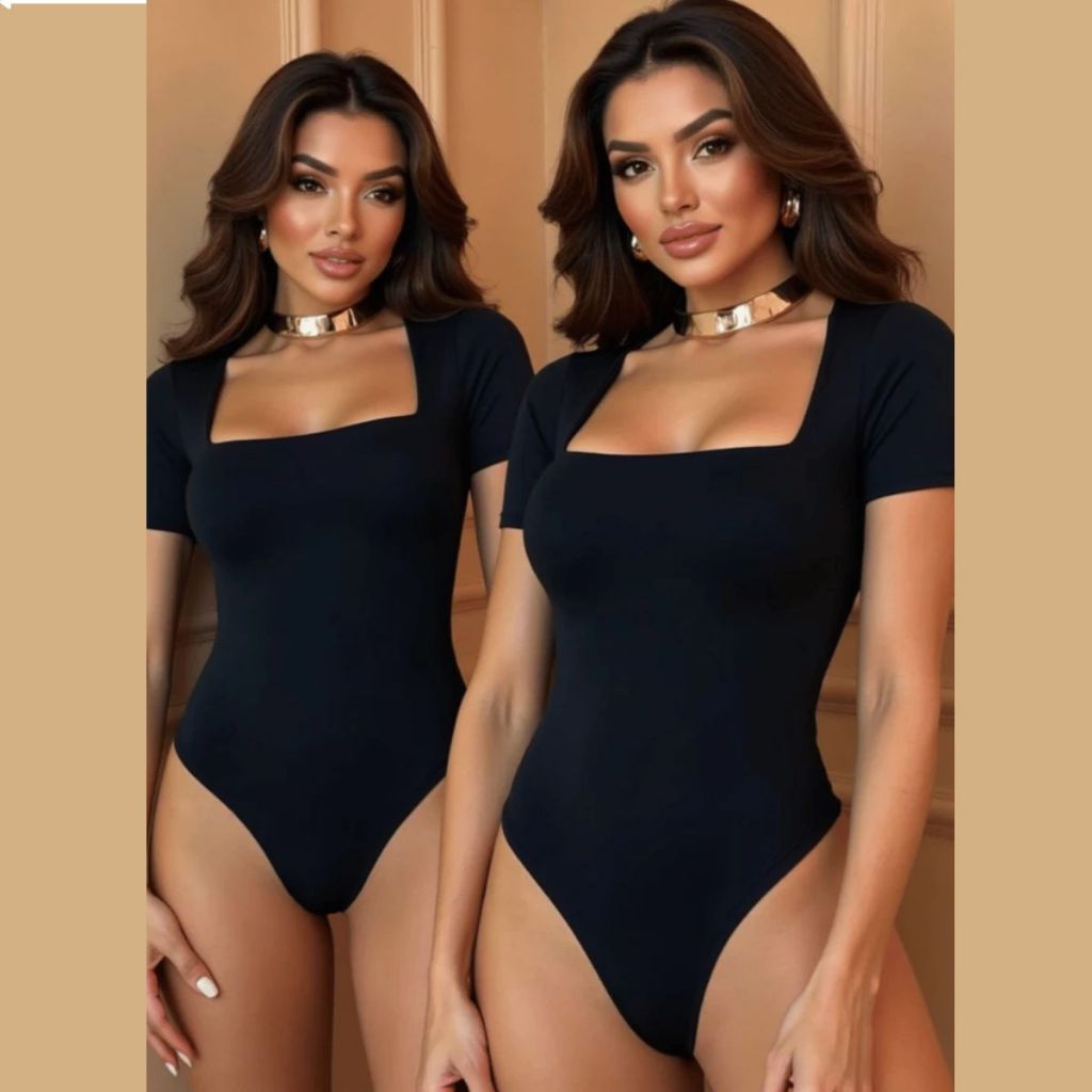 Body decote quadrado manga curta em suplex com forro e fecho tendencia verão bodi bory bori collant blusinha blogueira