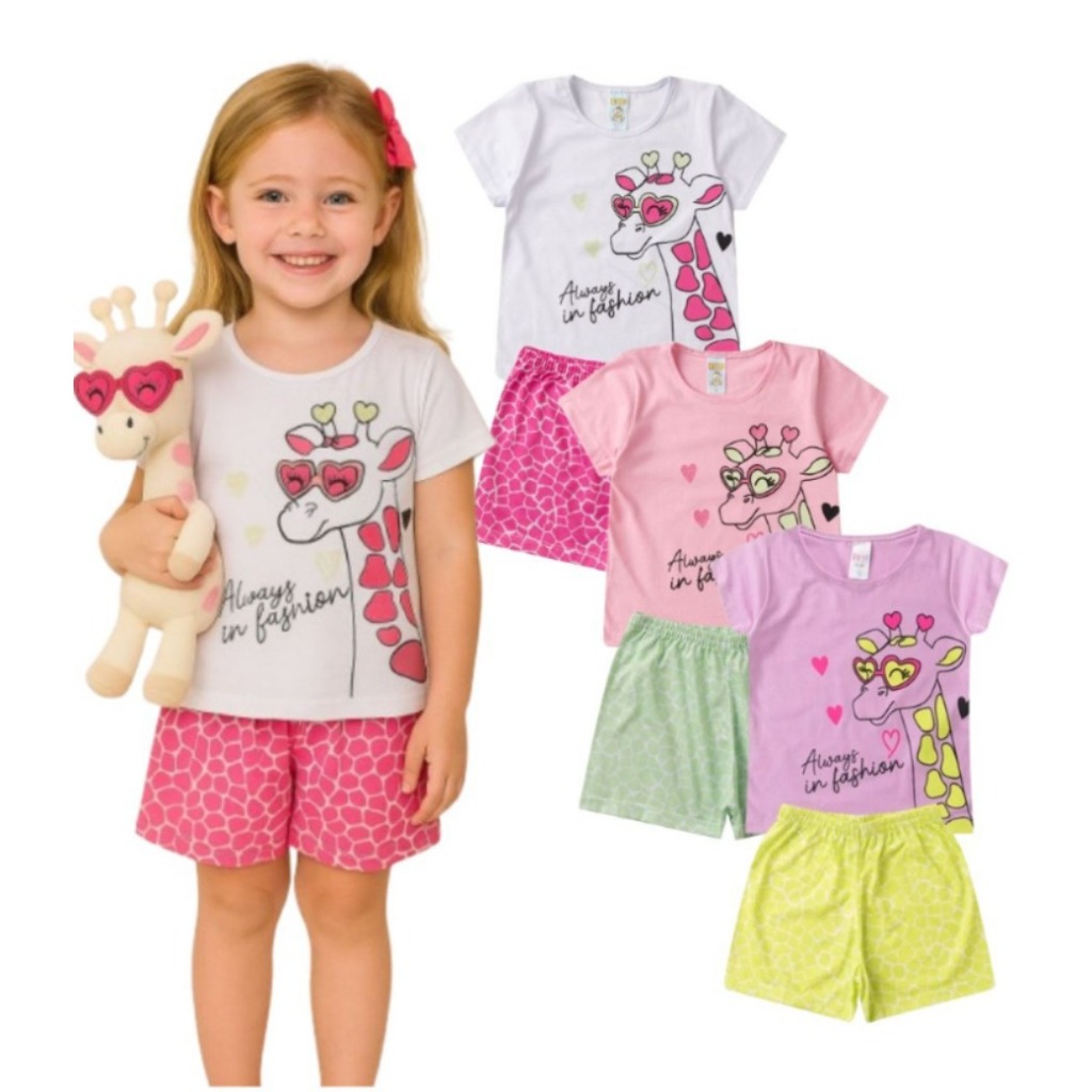 Pijama Infantil Menina Verão com Estampa Super Fofa de Girafa na cor Rosa
