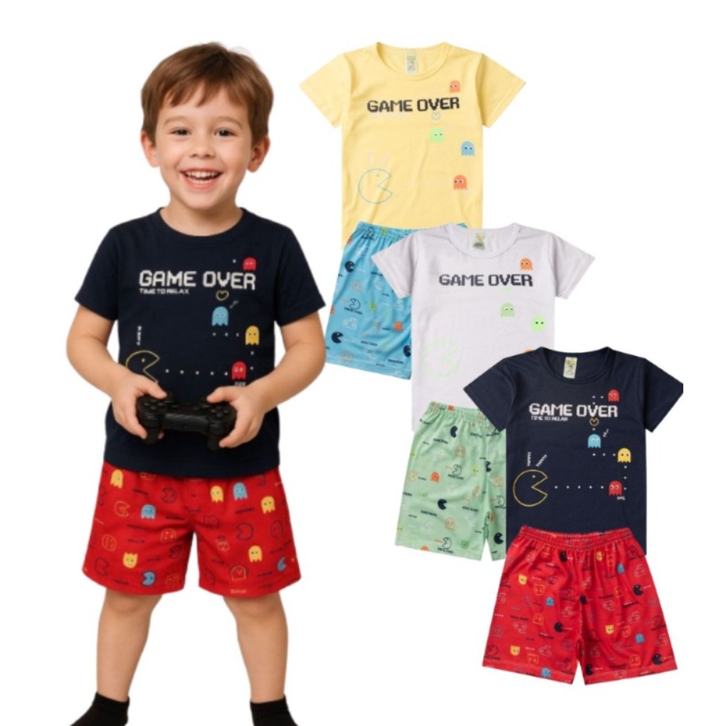 Pijama Infantil Menino Verão Divertido com a Estampa Game Over Azul