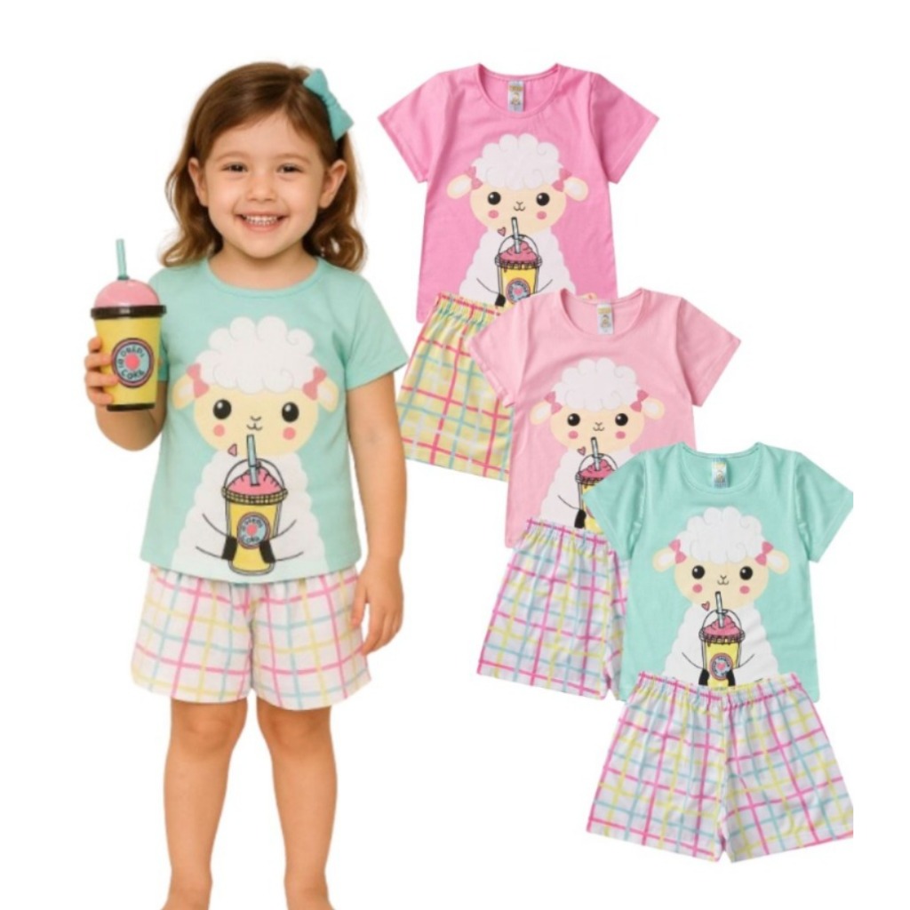Pijama Infantil Menina Verão Fofo de Ovelha Tomando um Delicioso Milkshake Rosa Claro