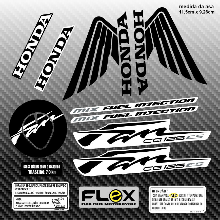 Compativel Kit adesivos moto CG FAN 125 / FAN 150 preto e branco / kit completo envernizado / asa com e sem borda preta em Oferta na Shopee