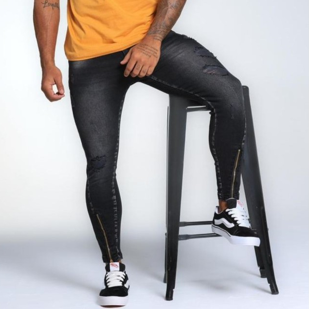 Calça Jeans Destroyed Marmorizada Ziper Na Barra Codi Jeans Calça Skinny Masculina Preta Estonada