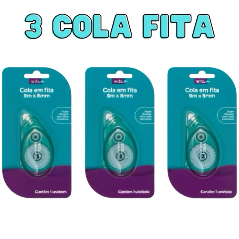 Kit 3 Cola Em Fita 8m X 8mm, Uso Escolar, Artesanato ou Escritório em Oferta na Shopee