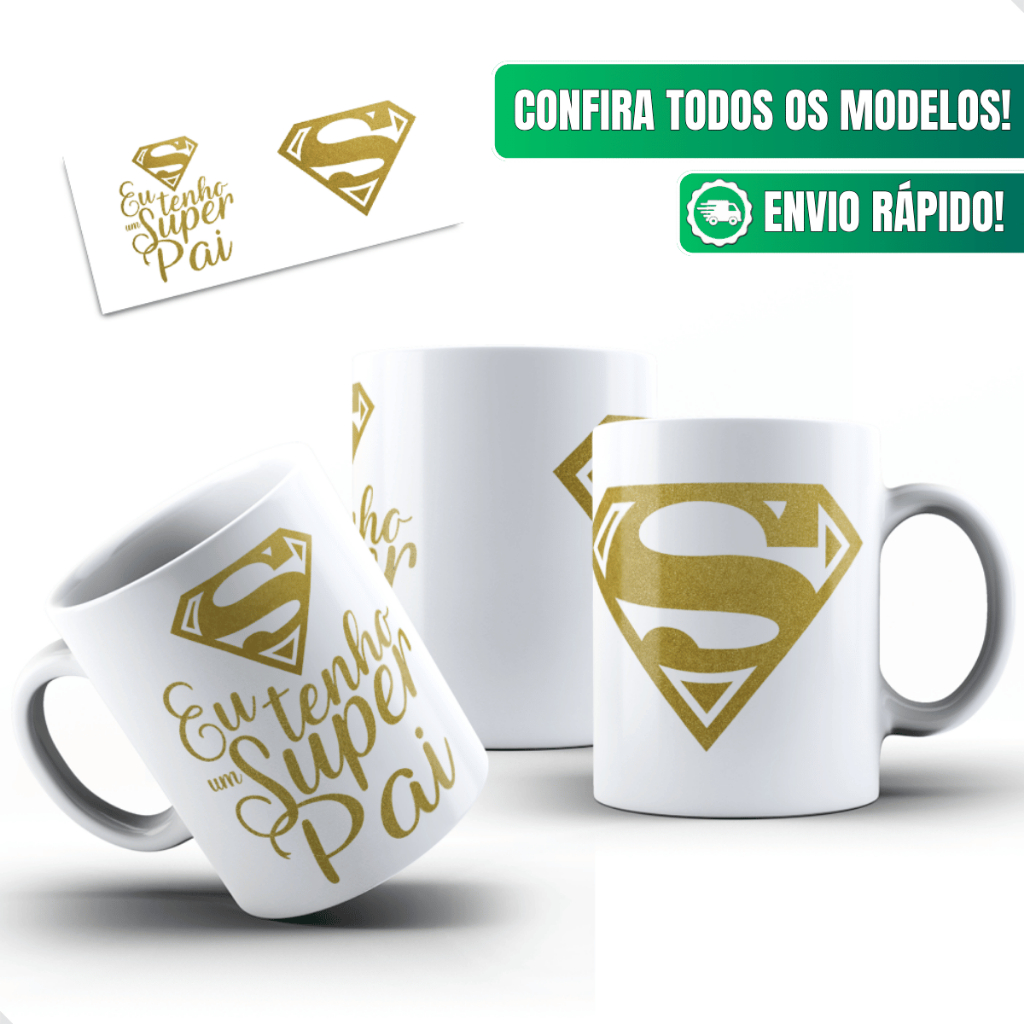 Caneca Dia Dos Pais Ceramica Personalizada 325ml Super Pai Super Heroi Super Man Dourada Paizao