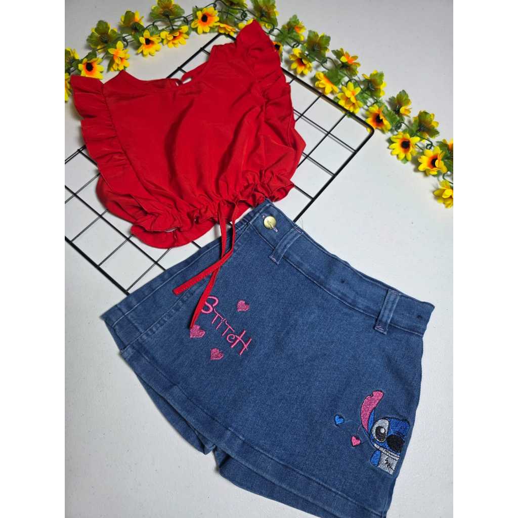 Flor de Lis - Conjunto Infantil Lilo & Stitch e Short Saia Jeans Bordada: Charme e Conforto para Meninas
