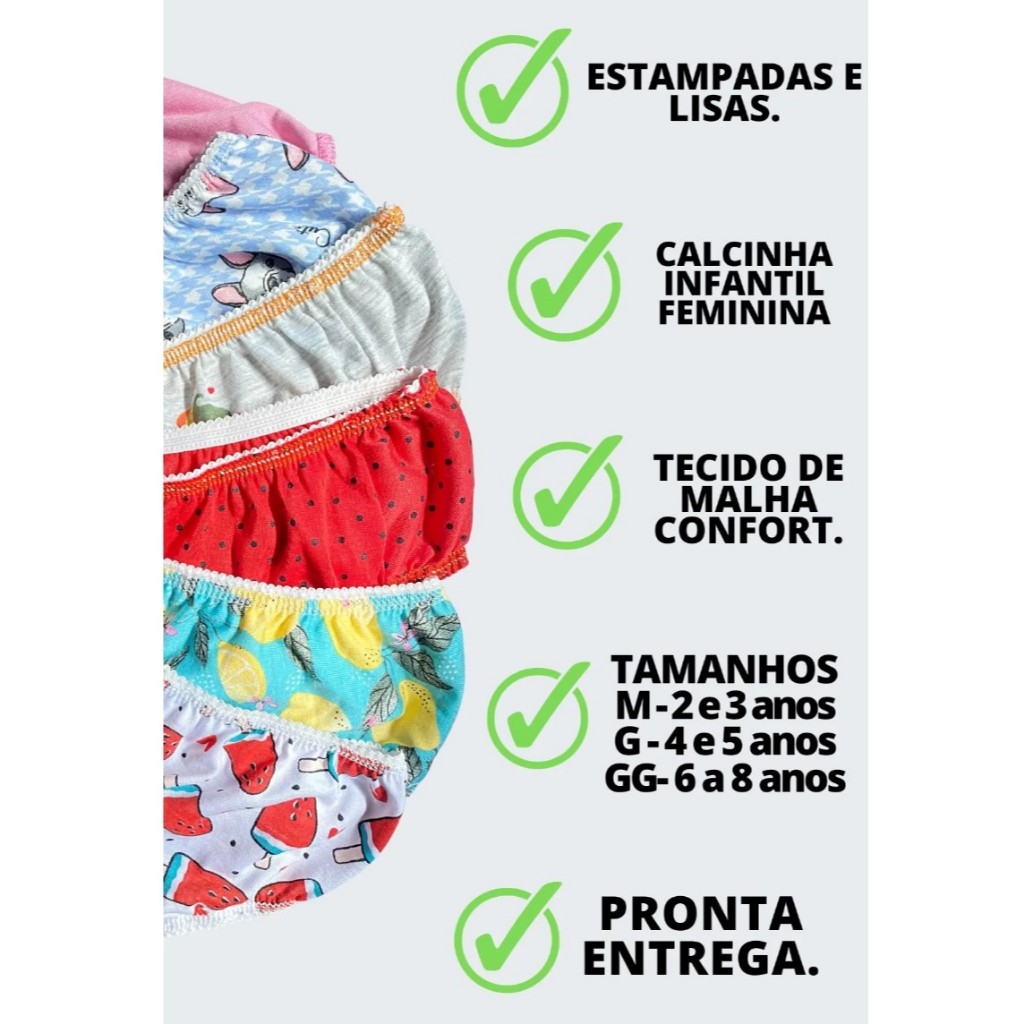 Kit 5 calcinhas/tanguinha/calçolinha 100% algodão infantil/mocinha coloridas estampas divertidas