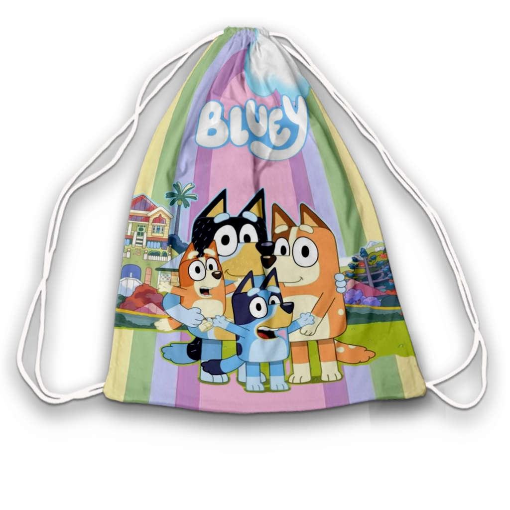 Mochilinha Saquinho Bluey fundo arco ires (ENVIO RÁPIDO) - Sacolinha Lembrancinha Surpresa Infantil