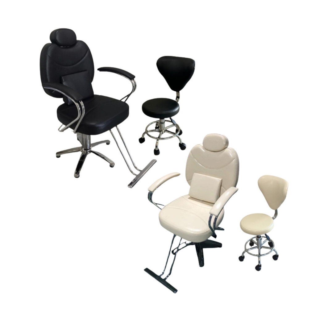 Cadeira de Barbeiro Reclinável com Mocho, Base Estrela, Bege em Oferta na Shopee