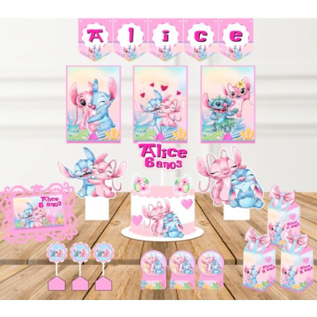 kit Festa Stitch e angel + 100 itens Personalizado - Só um Bolinho - Aniversário Lembrancinha
