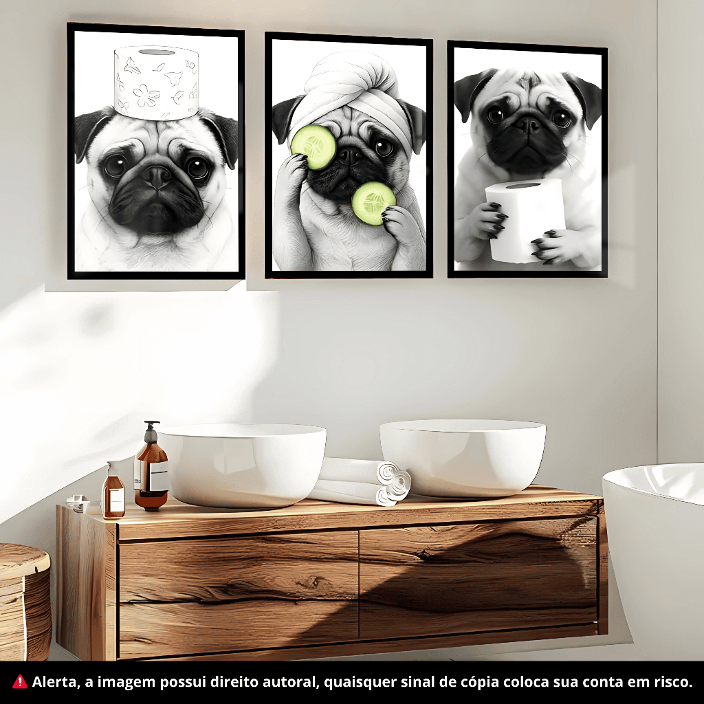 Quadro Decorativo 3 Peças Pug Fofo Banheiro Conceitual Sala Banheiro Luxo 122x60cm Decoração em Oferta na Shopee