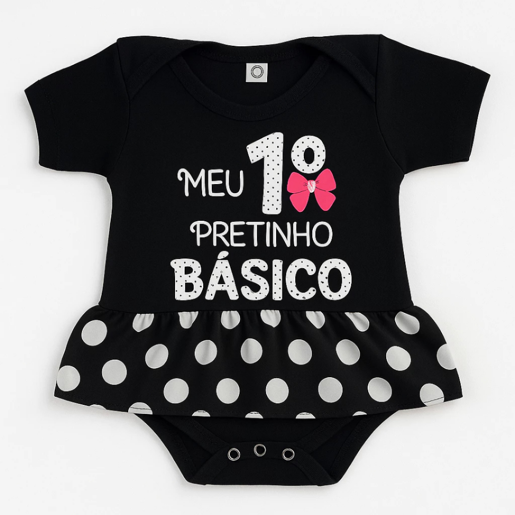 Detalhes do Body Bebê Infantil Preto Menina Mêsversário Vestidinho Temático Meu 1º Pretinho Básico Super Confortável