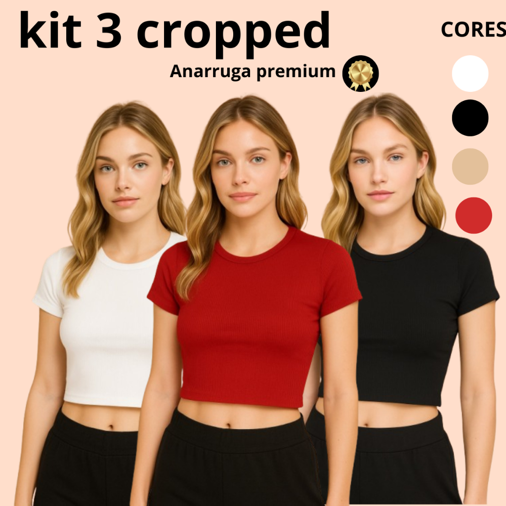 Kit 3 Cropped Feminino Canelada Camiseta Manga Curta Básica  Crooped Manguinha Cropet canelado