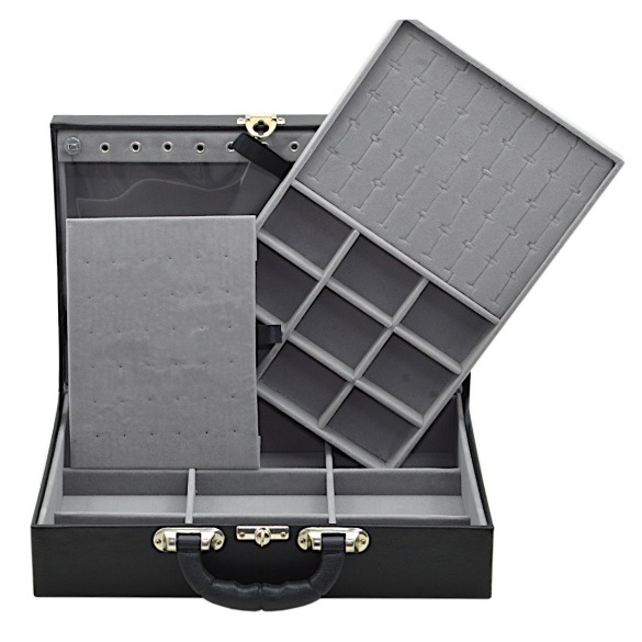 Maleta Porta Jóias Grande Dupla Com Espelho - Preta cinza