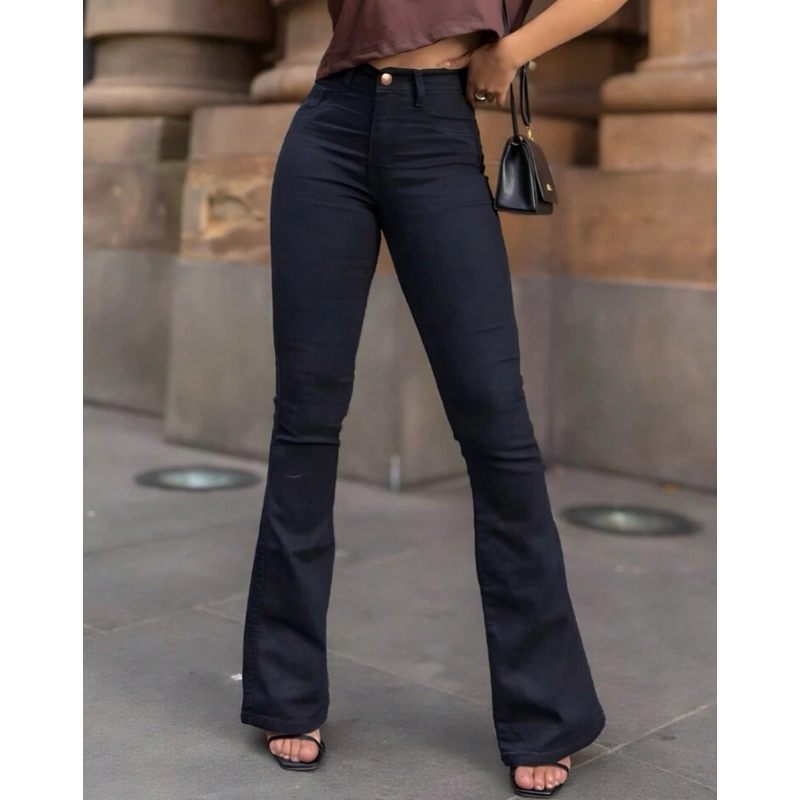 Calça Jeans Feminina Flare Cintura Alta Estilosa Levanta Bumbum Confortável Elegante Levanta Bumbum