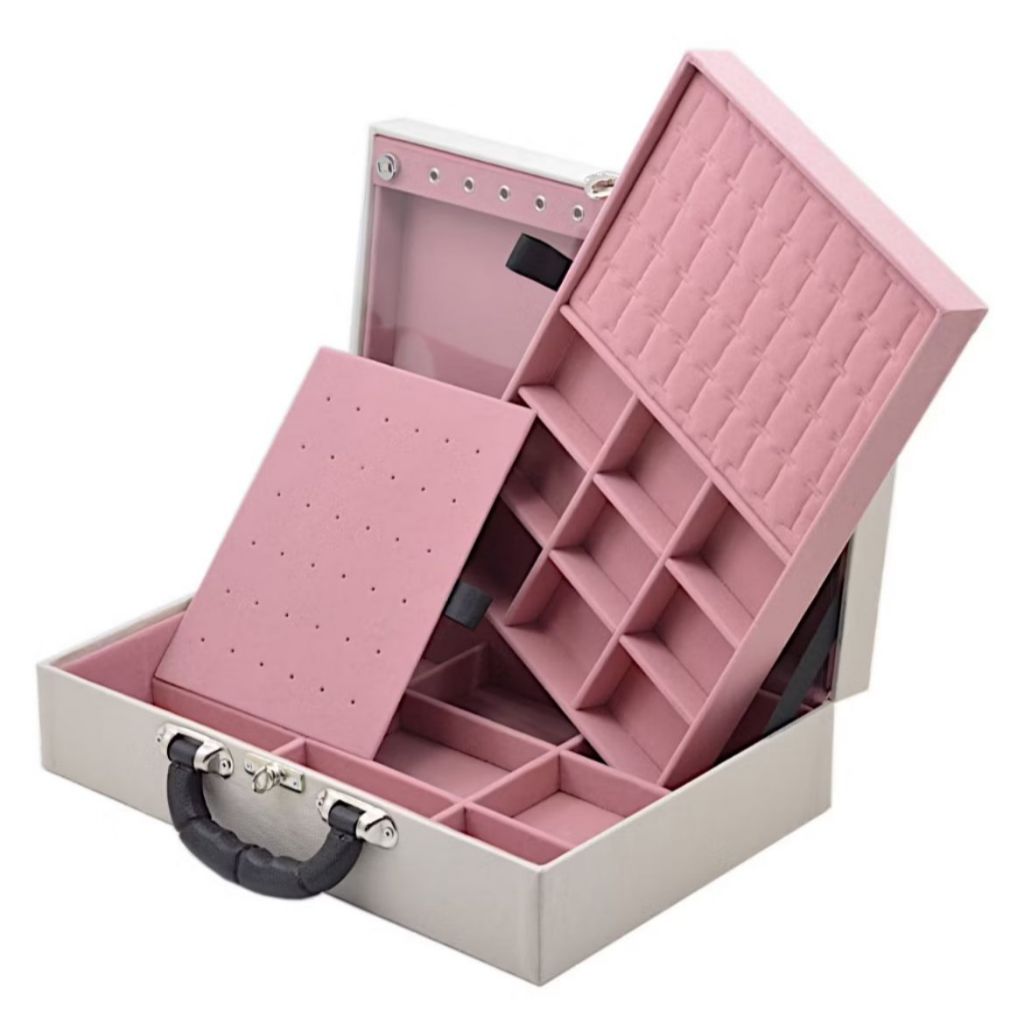 Maleta Porta Jóias Grande Dupla Com Espelho - Off White Rosê