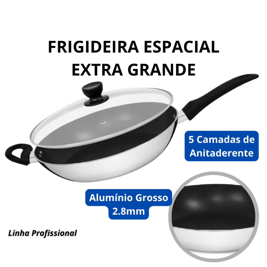 Imagem Frigideira Antiaderente 30 cm + Espátula - Profissional Grande Wok - Alumínio 2.8mm - ALUMIC
