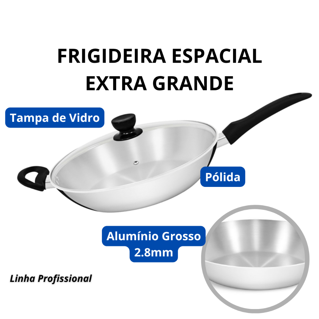 Imagem Frigideira Extra Espacial 30 cm- Profissional Grande Wok - Alumínio 2.8mm - ALUMIC