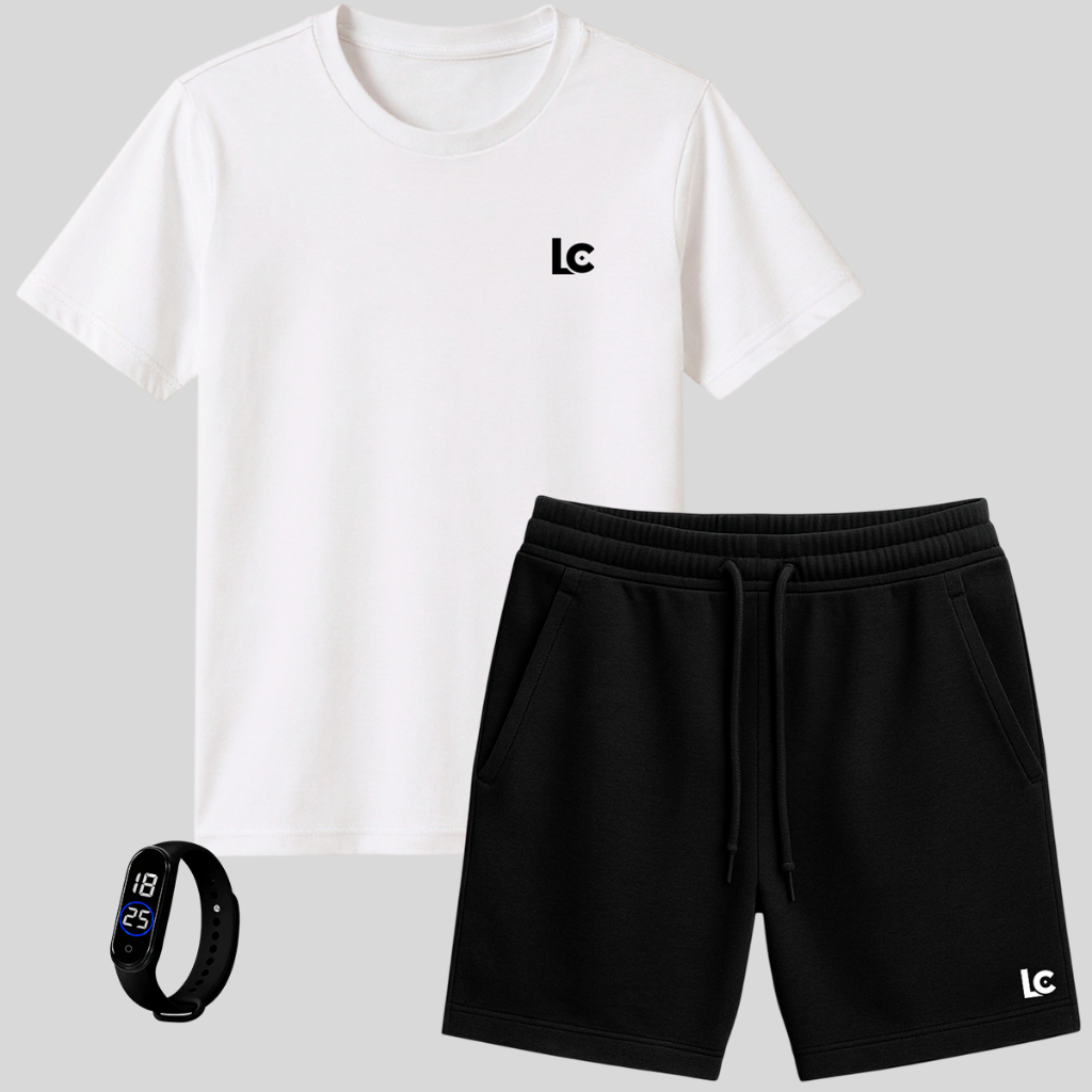 Kit Infantil Camiseta Menino 100% Algodão e Short De Moleton + um relógio de Brinde Básica