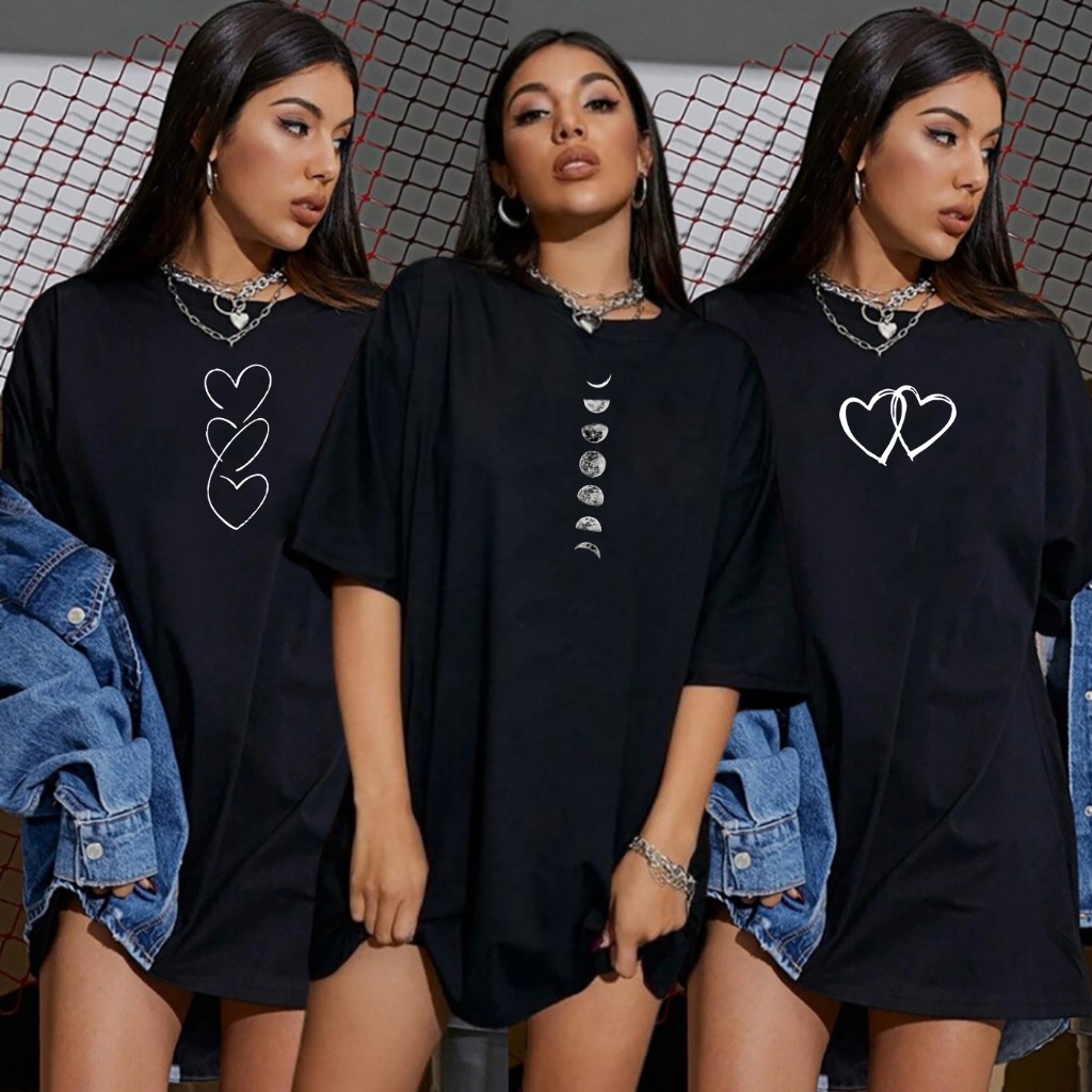 Kit 3 Blusas Femininas Pretas Estampadas Lua Corações Camiseta Academia Ribana T-Shirts em Oferta na Shopee
