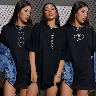 Kit 3 Blusas Femininas Pretas Estampadas Lua Corações Camiseta Academia Ribana T-Shirts em Oferta na Shopee