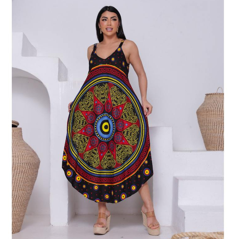 Vestido trapézio indiano estampado