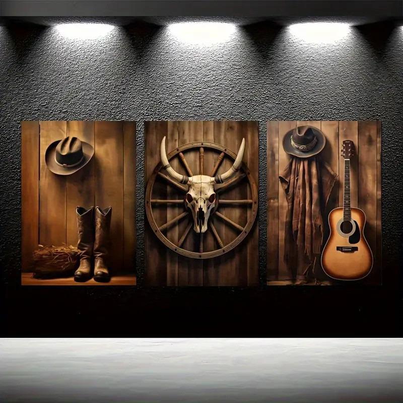Tríptico Quadro Decorativo Country Boiadeiro Western Chapéu Guitarra Caveira Cowboy em Oferta na Shopee