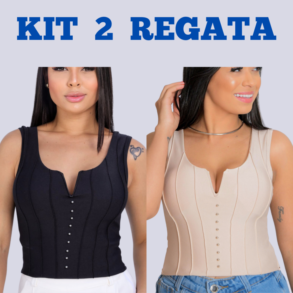 KIT 2 Blusa femenina cropped regata com decote em U com bojo em Oferta na Shopee