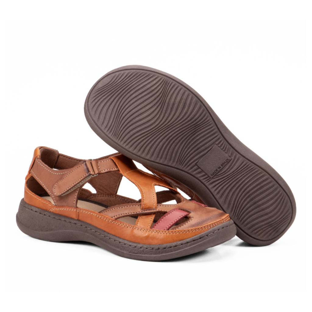 Sandália Feminina Couro Conforto Anatômico – Fechamento Velcro, Solado Antiderrapante, Casual